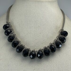 Silver Tone Chain Black Glass Beaded Bib Collar Necklace Boho Statement Classic